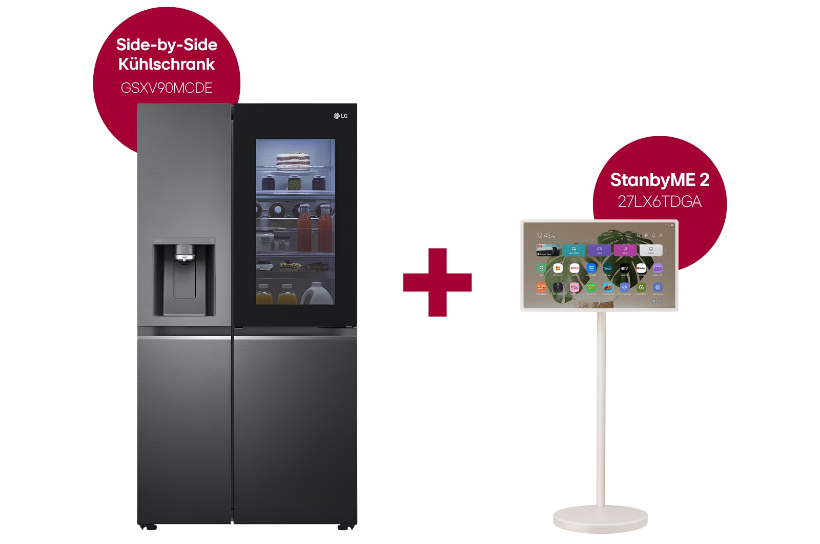 Vorderansicht von Side-by-Side mit InstaView Door-in-Door® | Craft Ice, Crushed Ice, Eiswürfel und Wasserspender | 635 Liter Kapazität | Energieeffizienzklasse E | Festwasseranschluss | Matte Black Steel | LG GSXV90MCDE + LG StanbyME 2 - Superportabler 27-Zoll-Touchscreen GSXV90MCDE.27LX001